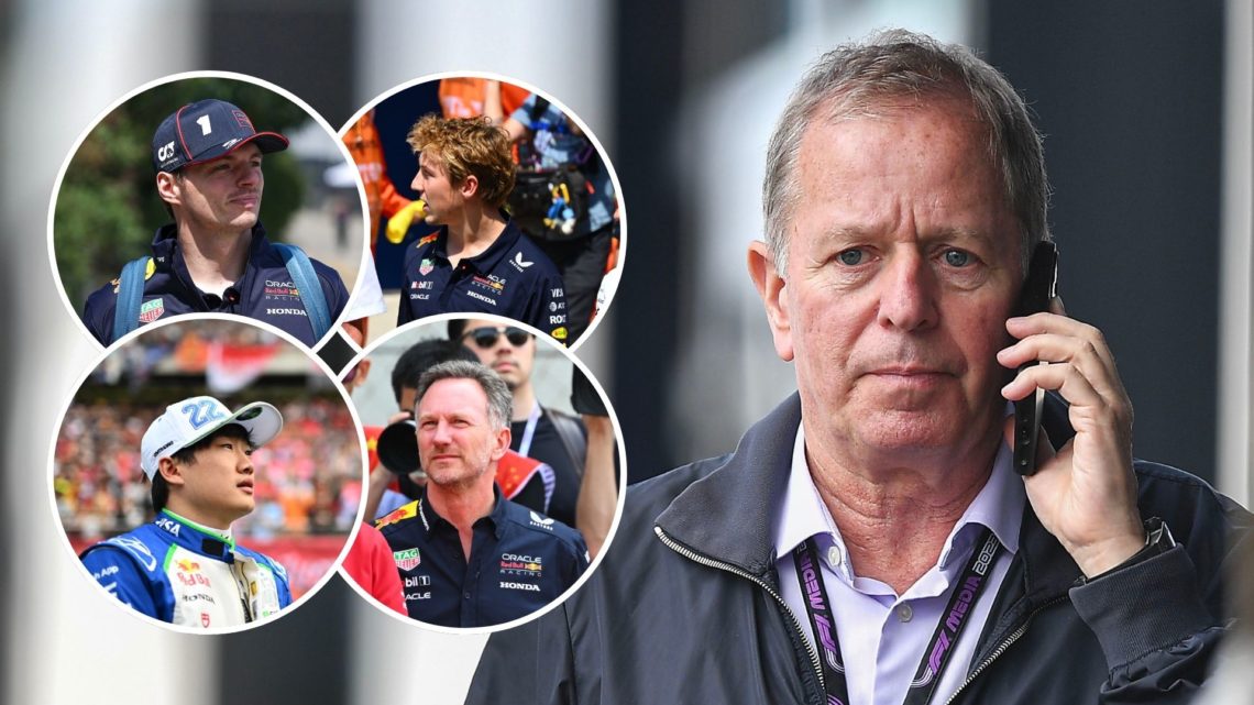 Sky Sports F1 pundit Martin Brundle walks through the 2023 Monaco Grand Prix paddock. Insets of Red Bull drivers Max Verstappen and Liam Lawson, te...