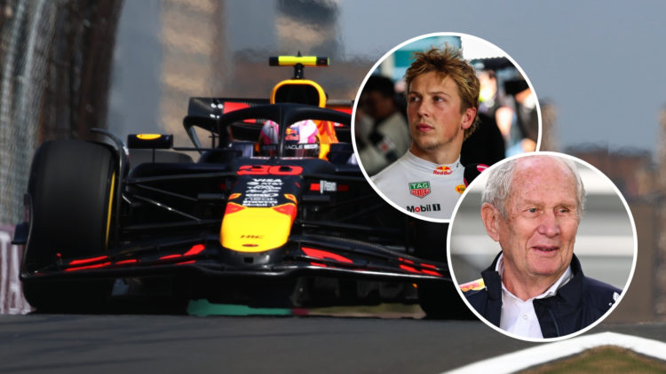 Image of Liam Lawson of New Zealand driving the (30) Oracle Red Bull Racing RB21 with two insets of Lawson himself and Dr Helmut Marko, Team Consul...