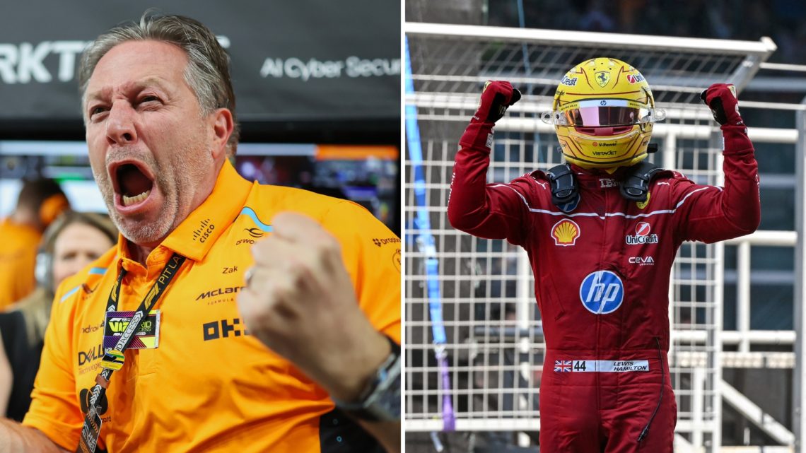 Split image of Ferrari's British driver Lewis Hamilton celebrates winning the sprint race of the Formula One Chinese Grand Prix and Zak Brown of US...