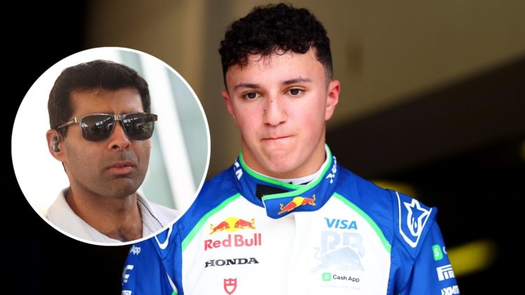 Image of Racing Bulls driver Isack Hadjar with an inset image of Karun Chandhok.