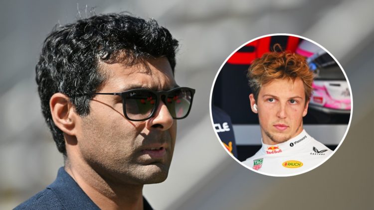 Sky Sports F1 pundit Karun Chandhok looks on at the 2024 Azerbaijan Grand Prix. Inset, Red Bull driver Liam Lawson reacts in the garage at the 2025...