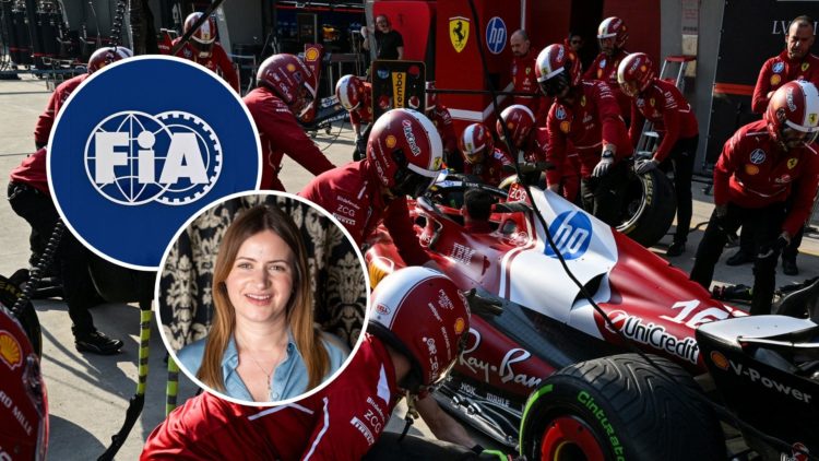 Ferrari's team members are seen during a pit stop practice with the F1 car of Monegasque driver Charles Leclerc at Shanghai International Circuit. ...