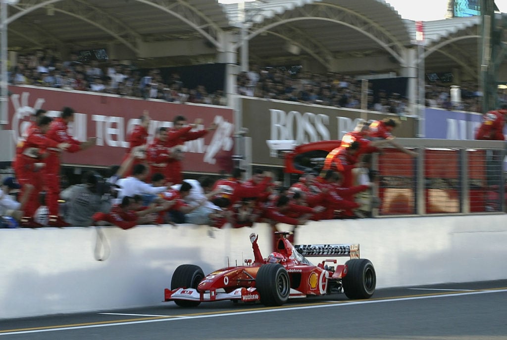 Michael Schumacher of Germany and Ferrari celebrates winning