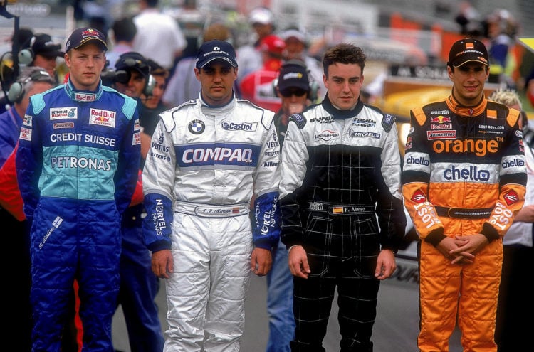 3 Mar 2001:  The 2001 season's new drivers (L to R) Kimi Raikkonen of Sauber, Juan Pablo Montoya of Williams BMW, Fernando Alonso of Minardi and En...