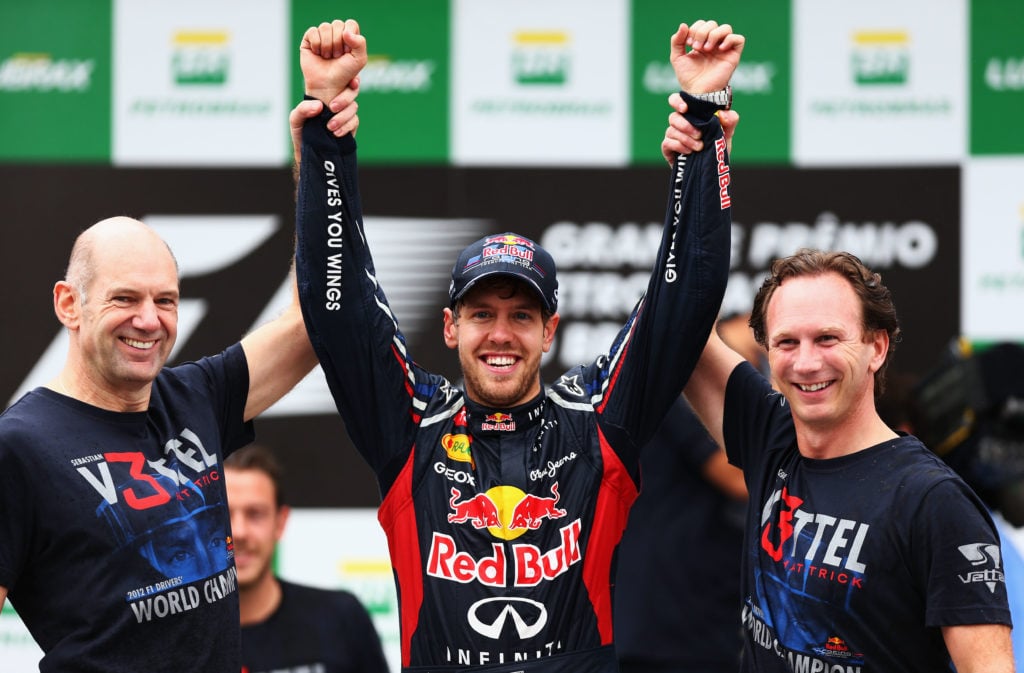 Sebastian Vettel celebrating his third world championship with Adrian Newey and Christian Horner