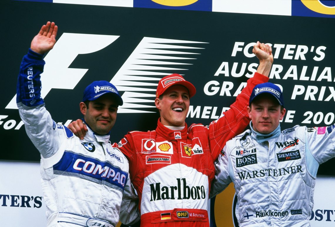 3 Mar 2002: (L to R) BMW Williams driver Juan Pablo Montoya (2nd), Ferrari driver Michael Schumacher (1st) and McLaren driver Kimi Raikkonen (3rd)...