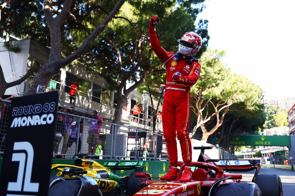 Ferrari driver Charles Leclerc celebrates winning the 2024 F1 Monaco Grand Prix