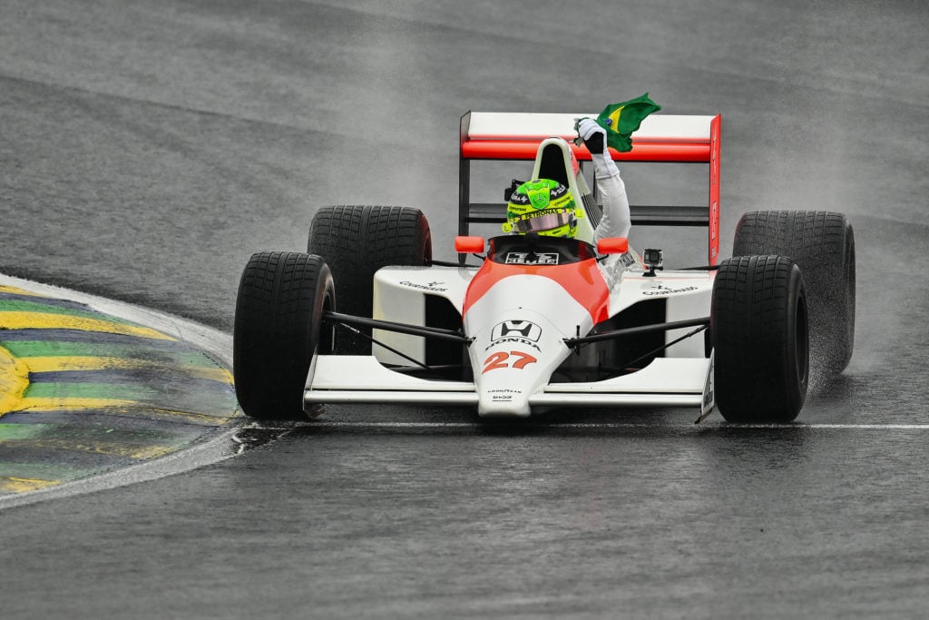 Lewis Hamilton drives Ayrton Senna's 1990 McLaren MP4/6 at the 2024 Sao Paulo Grand Prix
