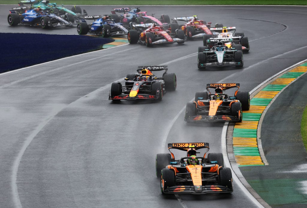 McLaren driver Lando Norris leads the start of the 2025 F1 Australian Grand Prix ahead of Oscar Piastri and Max Verstappen
