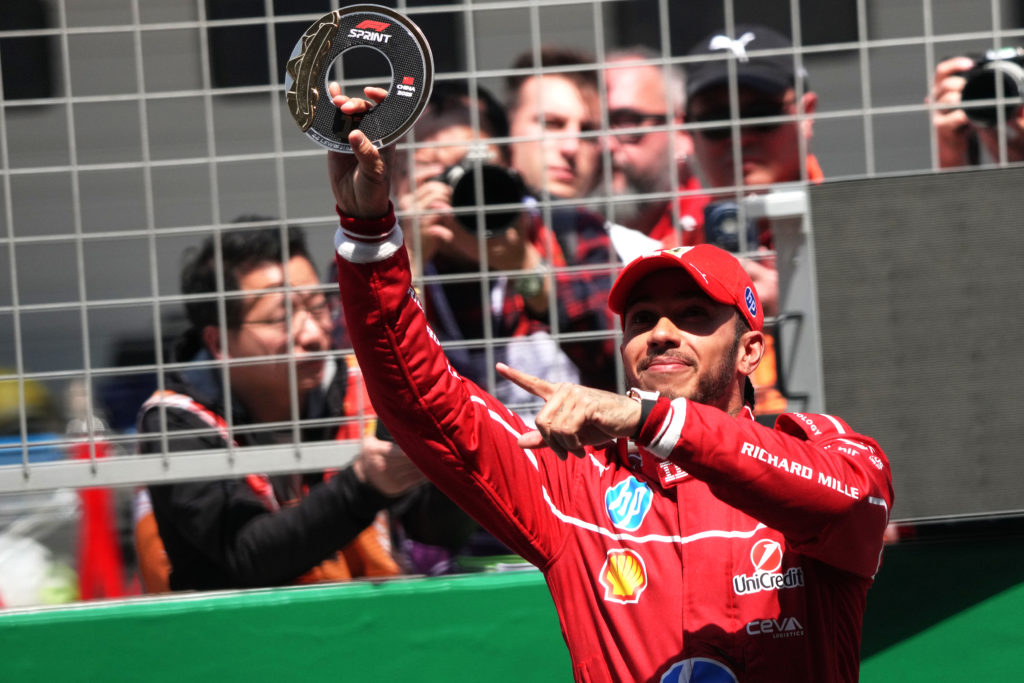 Lewis Hamilton celebrates victory in the Sprint race at the 2025 Chinese Grand Prix