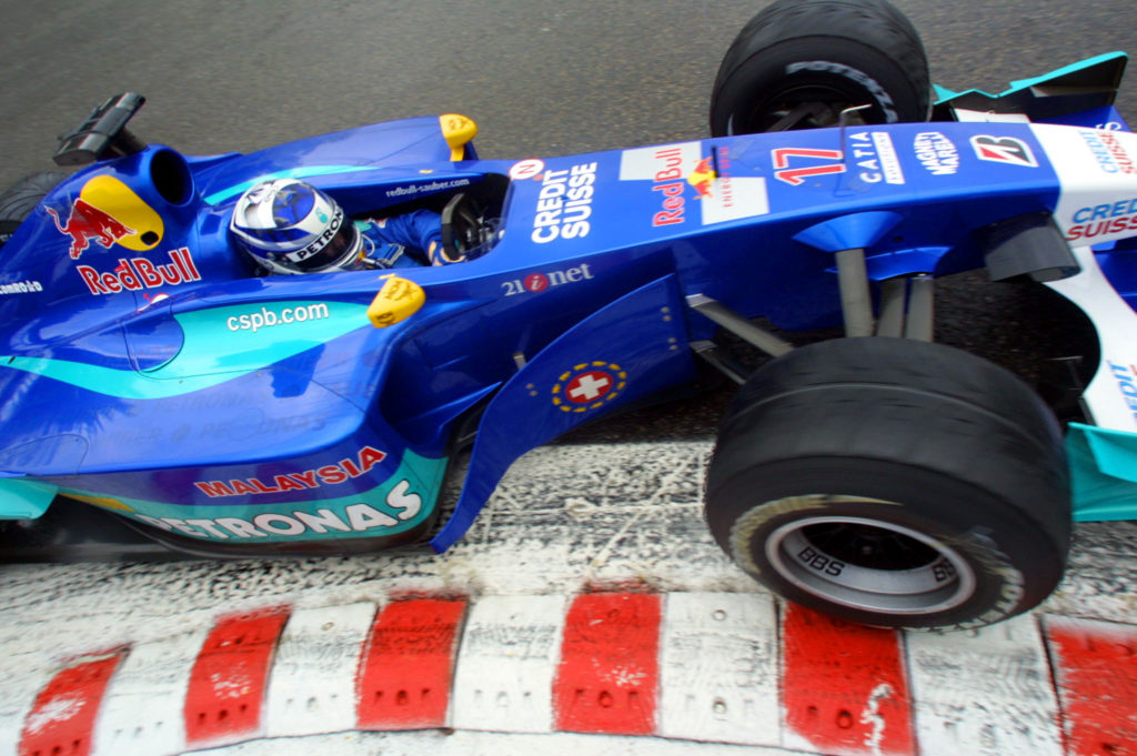 Finnish Sauber-Petronas driver Kimi Raikkonen stee