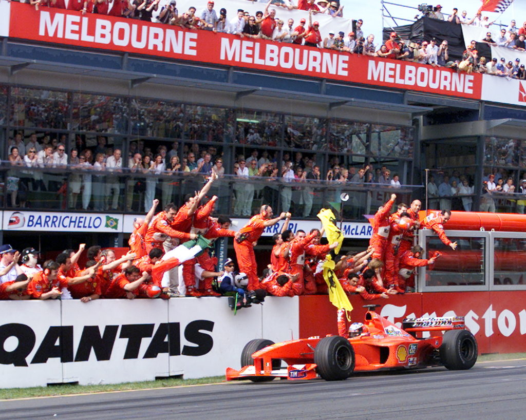 Ferrary driver Michael Schumacher of Germany recei