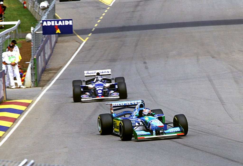 Michael Schumacher in a Benetton B194 and Damon Hill in a Williams.