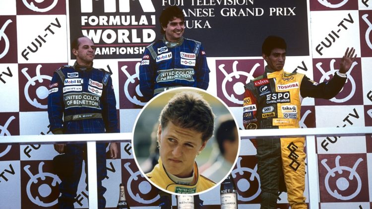 Nelson Piquet, Roberto Moreno, Aguri Suzuki, Grand Prix of Japan, Suzuka Circuit, 21 October 1990. Inset, Michael Schumacher.