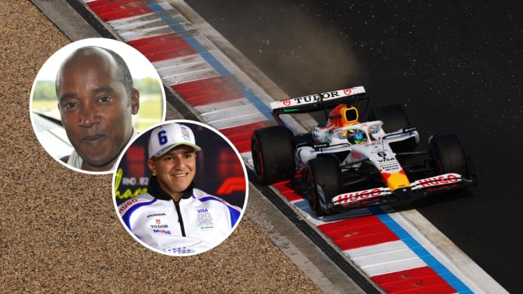 Isack Hadjar driving the Visa Cash App Racing Bulls with insets of himself during previews ahead of the F1 Grand Prix of China and Anthony Hamilton