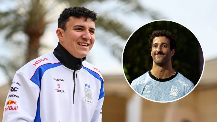 Visa Cash App Racing Bulls driver Isack Hadjar scoots through the paddock at 2025 F1 testing. Inset, Visa Cash App RB driver Daniel Ricciardo walks...