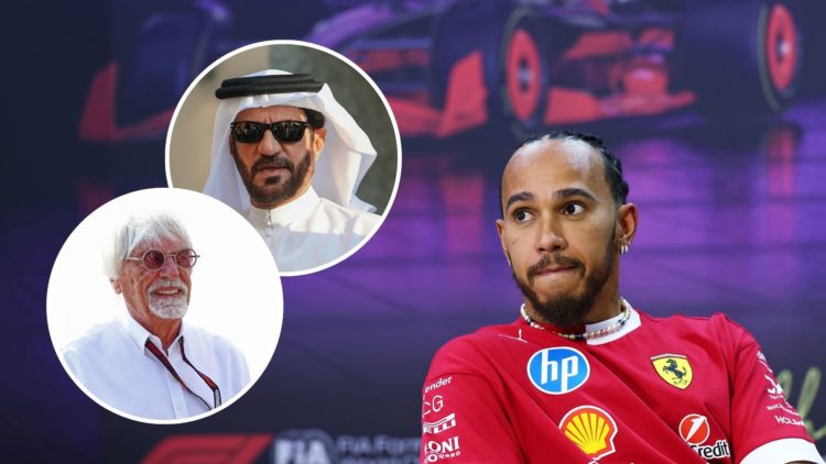 Ferrari driver Lewis Hamilton speaks at F1 testing in Bahrain. Insets, FIA president Mohammed Ben Sulayem and Bernie Ecclestone walk through the pa...