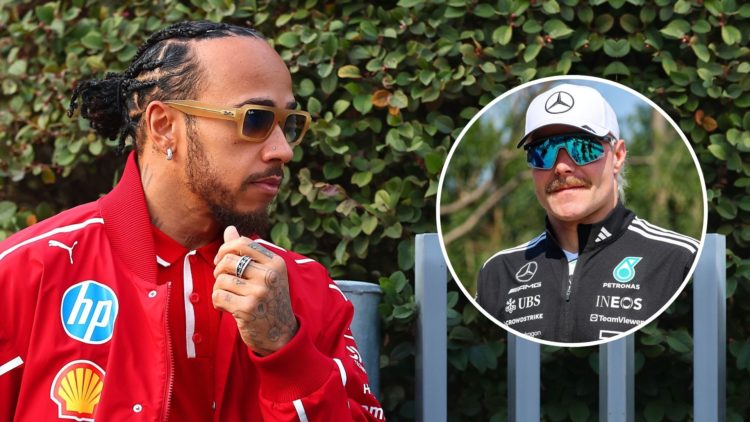 Lewis Hamilton of Great Britain and Scuderia Ferrari walks in the Paddock during previews. Inset, Valtteri Bottas.