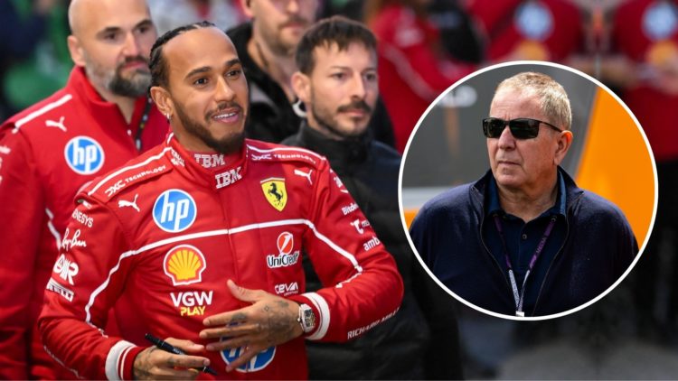 British F1 driver Lewis Hamilton signs autographs during the Scuderia Ferrari HP Drivers' presentation event by Unicredit. Inset, Martin Brundle.