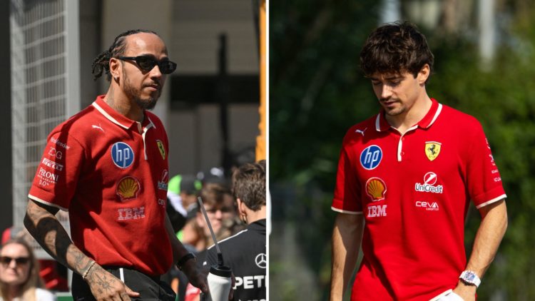 Ferrari star Lewis Hamilton arrives for the drivers parade and Charles Leclerc walks through the paddock at the 2025 F1 Chinese Grand Prix.