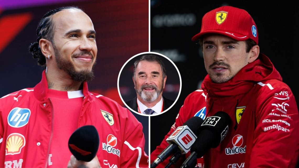 Lewis Hamilton of Great Britain and the Scuderia Ferrari HP Team at the fan forum ahead of the F1 Grand Prix, and Charles Leclerc of Monaco and Fer...