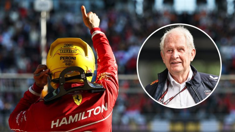 Sprint Pole qualifier Lewis Hamilton of Great Britain and Scuderia Ferrari celebrates in parc ferme during Sprint Qualifying ahead of the F1 Grand ...