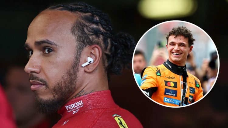 Image of (L) Lewis Hamilton of Ferrari, (R) inset of Lando Norris of McLaren.