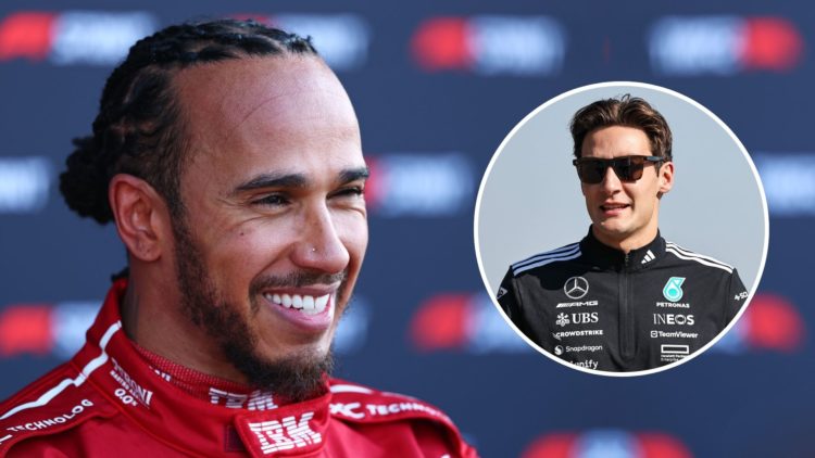 Sprint Pole qualifier Lewis Hamilton of Great Britain and Scuderia Ferrari celebrates in parc ferme during Sprint Qualifying ahead of the F1 Grand ...