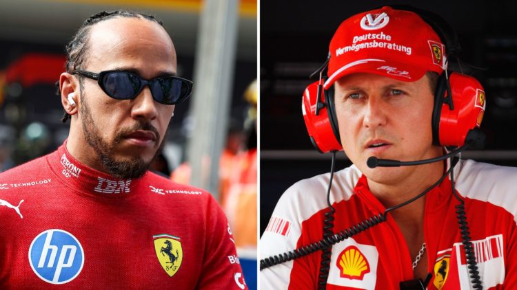 Lewis Hamilton of Great Britain and Scuderia Ferrari looks on during the F1 Grand Prix of China, and Former Ferrari F1 World Champion Michael Schum...