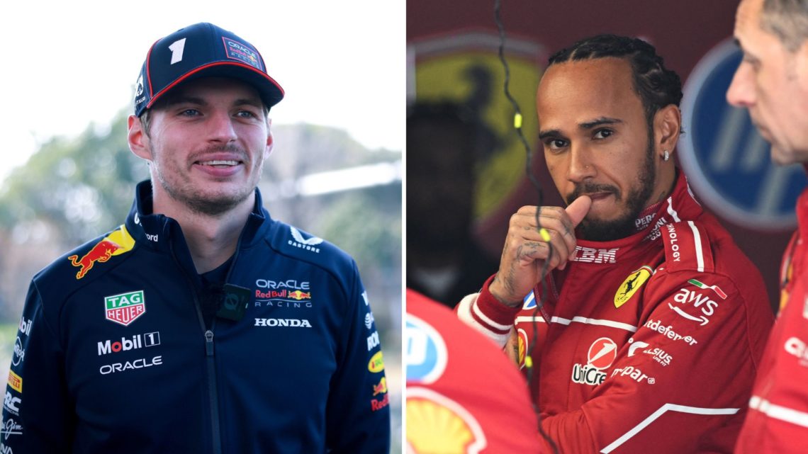 Split image as Ferrari's British driver Lewis Hamilton waits with team members as they prepare his car, and Max Verstappen of the Netherlands and O...