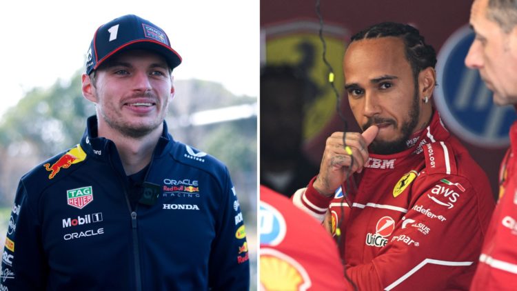 Split image as Ferrari's British driver Lewis Hamilton waits with team members as they prepare his car, and Max Verstappen of the Netherlands and O...