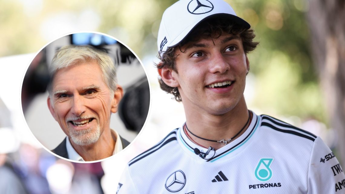 Image of Mercedes driver Andrea Kimi Antonelli (L) at the Australian Grand Prix, Damon Hill (R) inset.
