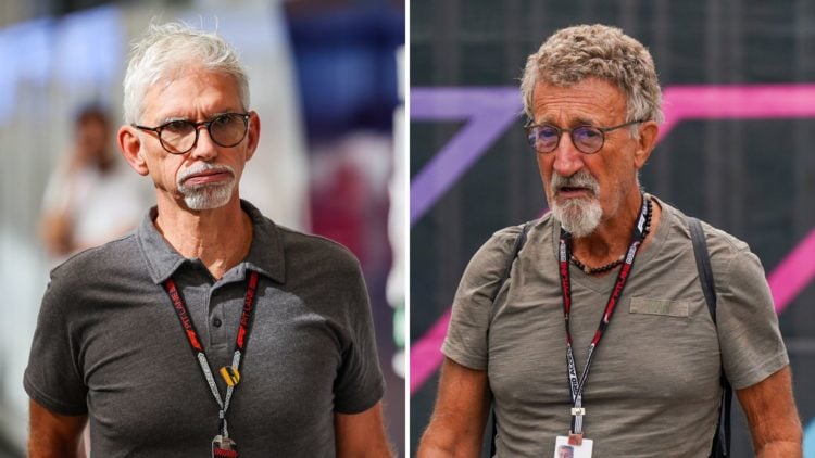 Split image as Sky Sports pundit and former F1 champion Damon Hill walks in the paddock during previews ahead of the F1 Grand Prix of Brazil, and E...