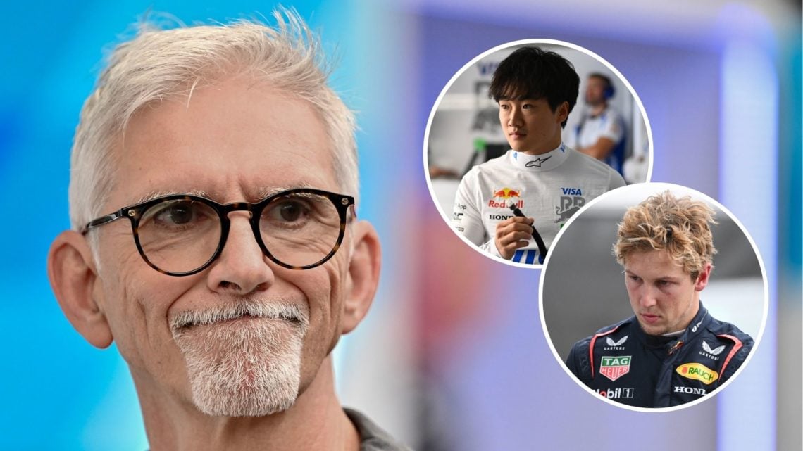 Damon Hill looks on ahead of the 2024 F1 Sao Paulo Grand Prix. Insets, Racing Bulls driver Yuki Tsunoda in the garage ahead of the 2025 F1 Chinese ...