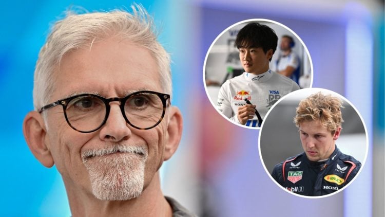 Damon Hill looks on ahead of the 2024 F1 Sao Paulo Grand Prix. Insets, Racing Bulls driver Yuki Tsunoda in the garage ahead of the 2025 F1 Chinese ...
