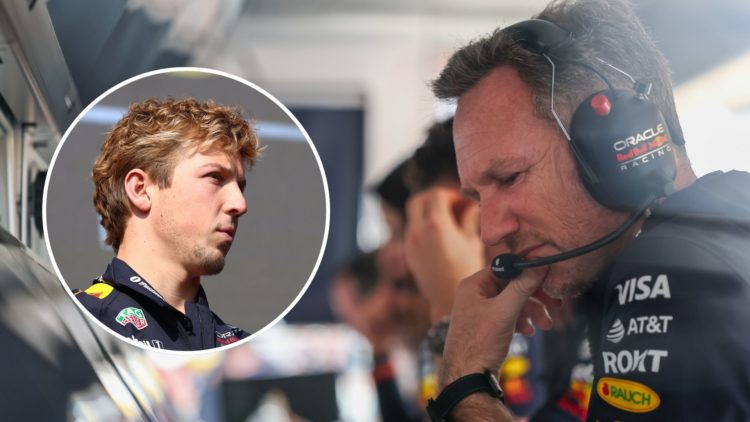 Red Bull team principal Christian Horner reacts on the pit wall at the 2025 F1 Chinese Grand Prix. Red Bull driver Liam Lawson attends a fans forum...
