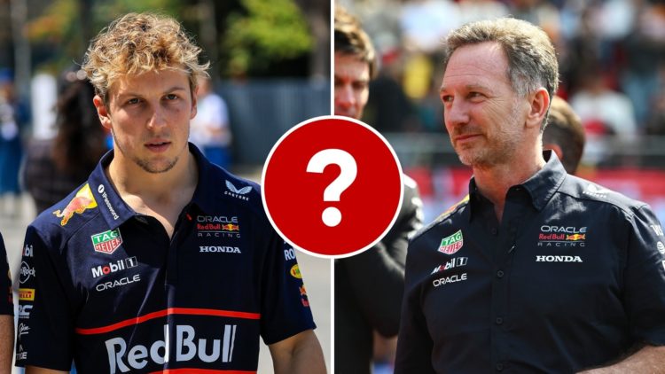 Split image of Christian Horner, Team Principal of Oracle Red Bull Racing at the tribute to the late Eddie Jordan, and Liam Lawson of New Zealand a...