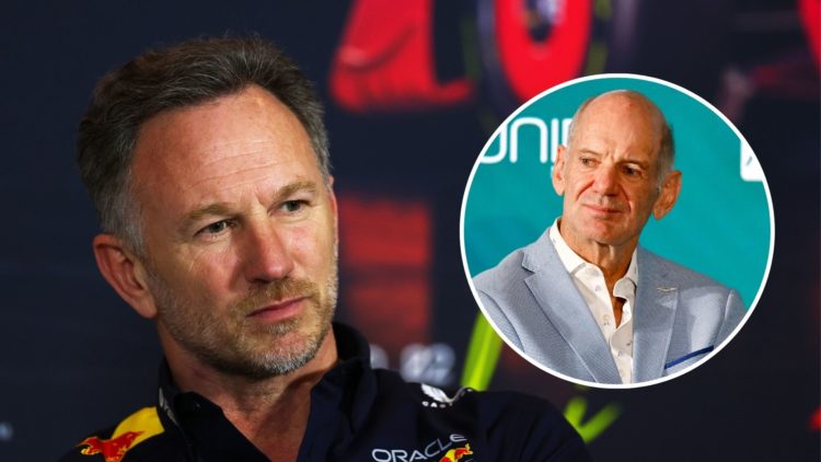 Red Bull team principal Christian Horner speaks to the media at the 2025 F1 Chinese Grand Prix. Inset, Aston Martin managing technical partner Adri...