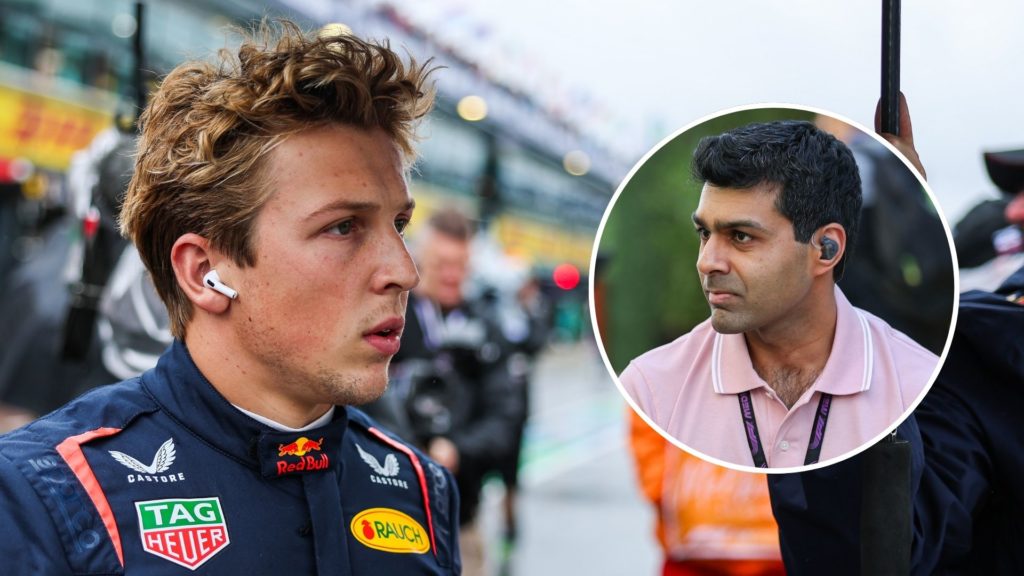 Liam Lawson of New Zealand and Oracle Red Bull Racing walks along track, awaiting the race start, during the F1 Grand Prix of Australia at Albert Park Grand Prix Circuit. Inset, Karun Chandhok.