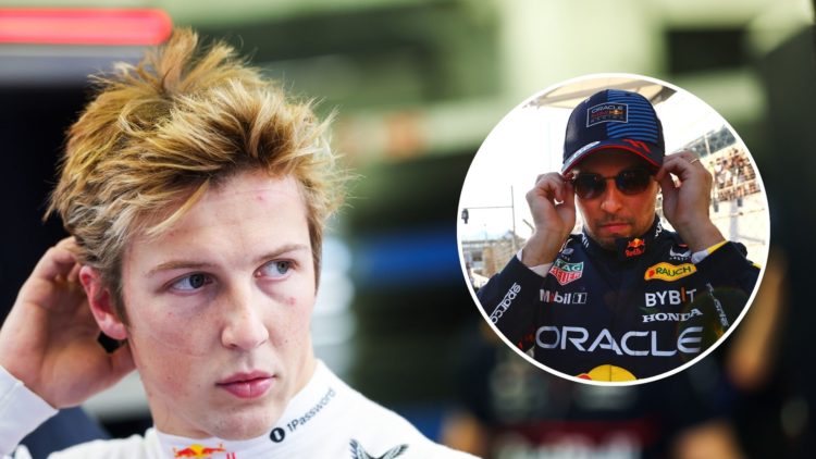 Red Bull Racing driver Liam Lawson gets ready during 2025 F1 testing in Bahrain. Inset, Red Bull driver Sergio Perez on the grid at the 2024 Abu Dh...