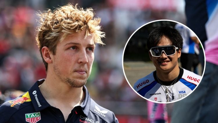 Red Bull's Liam Lawson during the drivers parade at the 2025 F1 Chinese Grand Prix. Inset, Racing Bulls' Yuki Tsunoda arrives in the Shanghai paddock.