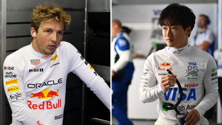 Red Bull driver Liam Lawson in the garage before the 2025 F1 Chinese Grand Prix Sprint. Racing Bulls driver Yuki Tsunoda in the garage during pract...