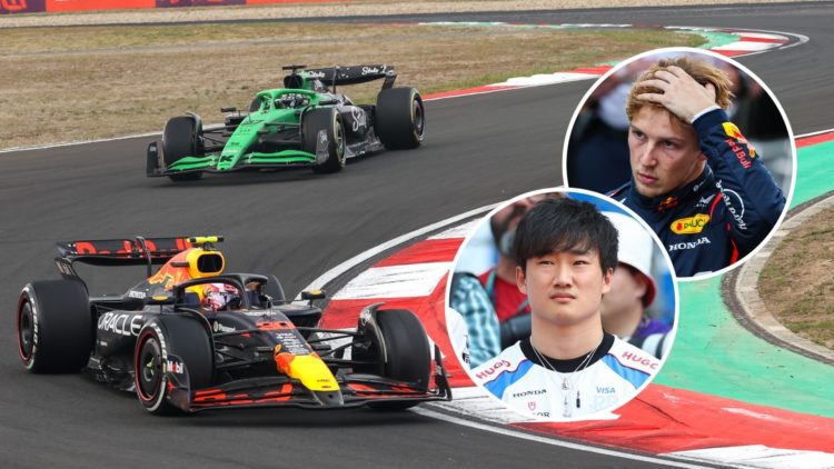 Liam Lawson of New Zealand drives the (30) Oracle Red Bull Racing RB21 Honda RBPT during the Formula 1 Heineken Chinese Grand Prix 202. Inset, Liam...