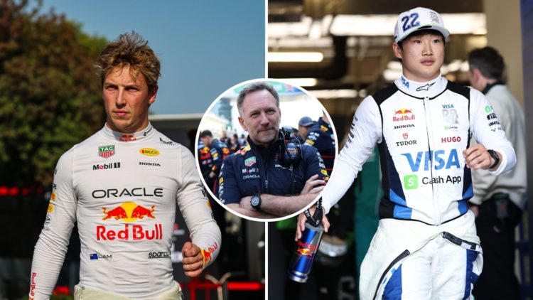 Split Images of Liam Lawson of New Zealand and Oracle Red Bull Racing walks in the paddock during the Sprint/qualifying ahead of the F1 Grand Prix ...