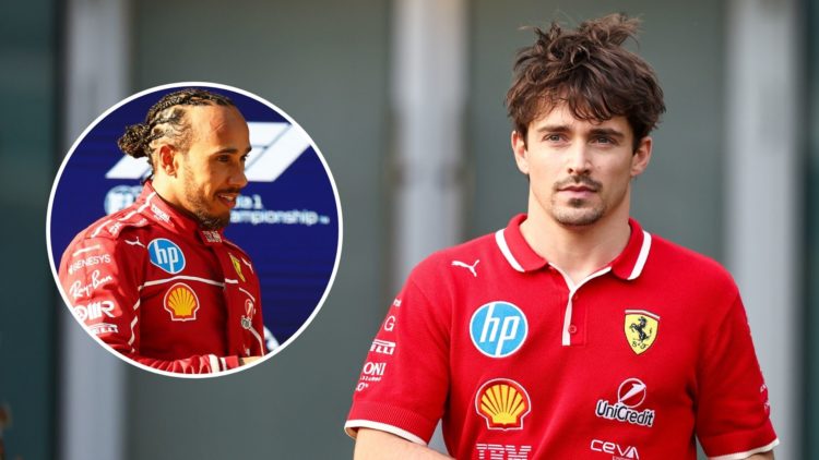 Charles Leclerc of Monaco and Scuderia Ferrari appears in the paddock during a preview ahead of the F1 Grand Prix of China. Inset, Lewis Hamilton.