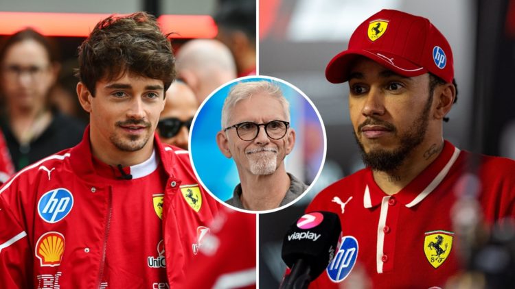 Split images of Lewis Hamilton of Great Britain and Ferrari speaks in the media pen during the F1 Grand Prix of China and Charles Leclerc of Monaco...