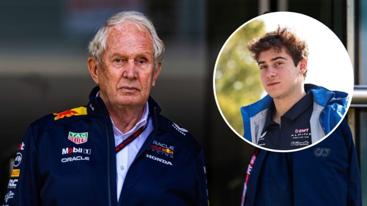 Red Bull Racing chief advisor (L) Helmut Marko at the Chinese Grand Prix. Inset, (R) Franco Colapinto of Alpine.