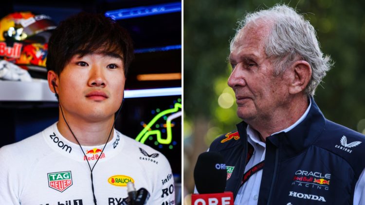 Split image as Oracle Red Bull Racing Team Consultant Dr Helmut Marko speaks in the paddock during practice, and Yuki Tsunoda of Japan and Oracle R...