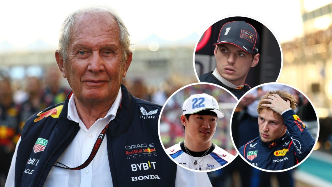 Red Bull motorsport advisor Helmut Marko ahead of the 2024 F1 Abu Dhabi Grand Prix. Insets, Max Verstappen of Red Bull, Yuki Tsunoda of Racing Bull...