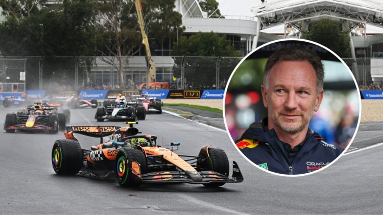 Lando Norris of Great Britain driving the (4) McLaren MCL39 Mercedes leads Max Verstappen of the Netherlands driving the (1) Oracle Red Bull Racing...